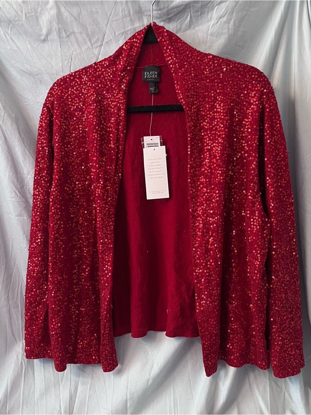 Eileen Fisher Red Sequin Open-Front Cardigan